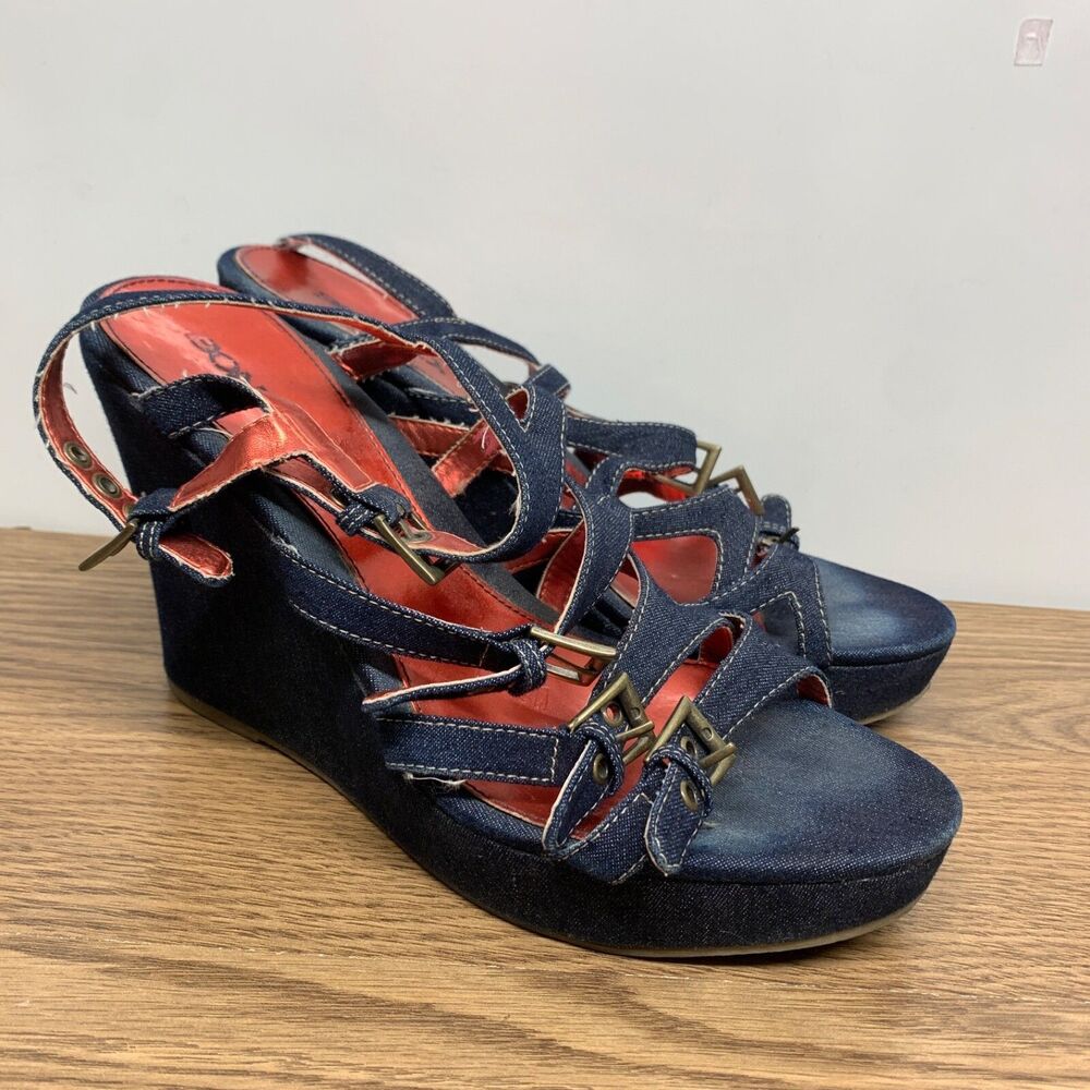 Women's Bongo Y2K‎ Playtime 7M Denim Platform Strappy Wedge Sandals Pre-owned